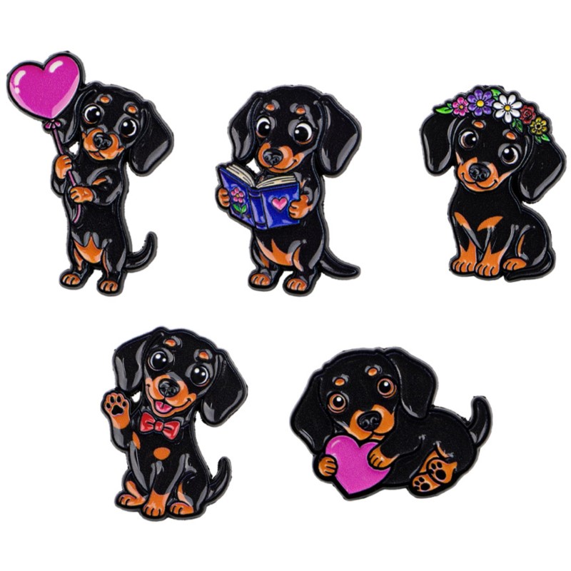 Enamel Pin Set - 5-teiliges Niedliches Dackel-Emaille-Pin-Set Herz Blume Buch