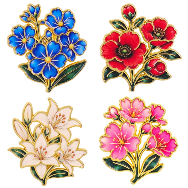 Enamel Pin Set - Niedliche Vintage Bunte Blumen-Emaille-Anstecknadel Lilie Kirsche